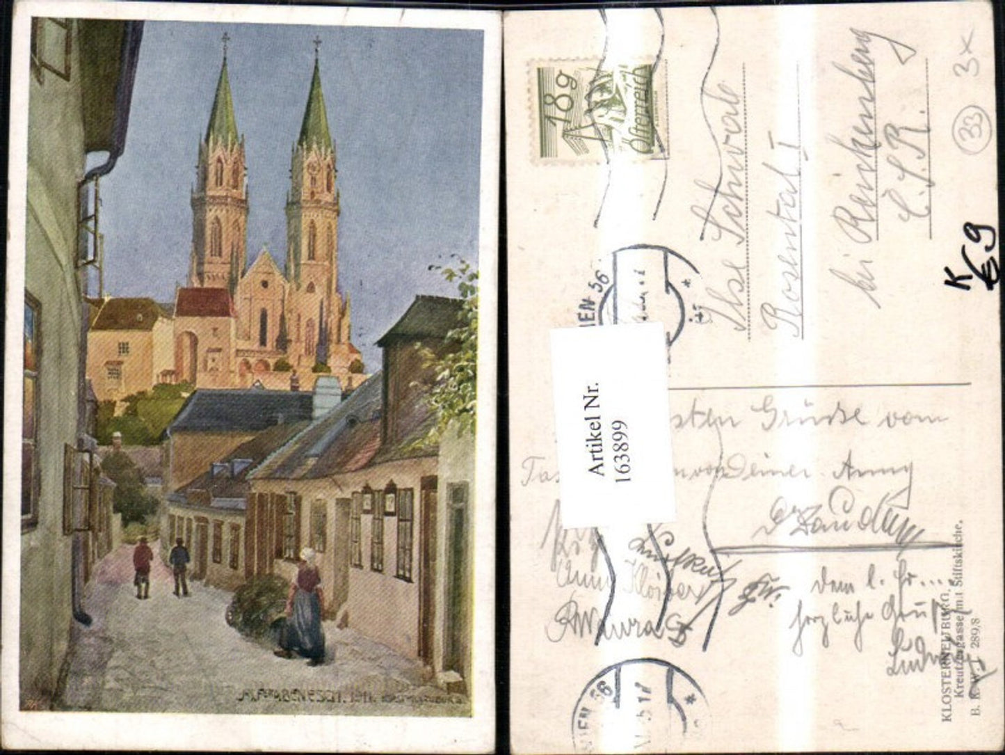 163899,Klosterneuburg Kreutzergasse m. Stiftskirche Künstler Ak sign Josef Ferdinand Benesch