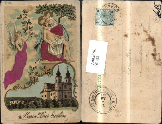 163928,Gruss a. Maria Dreieichen Litho Präge Ak m. Goldverzierung 1901 Mold Rosenburg-Mold Hl Maria Heiligenschein