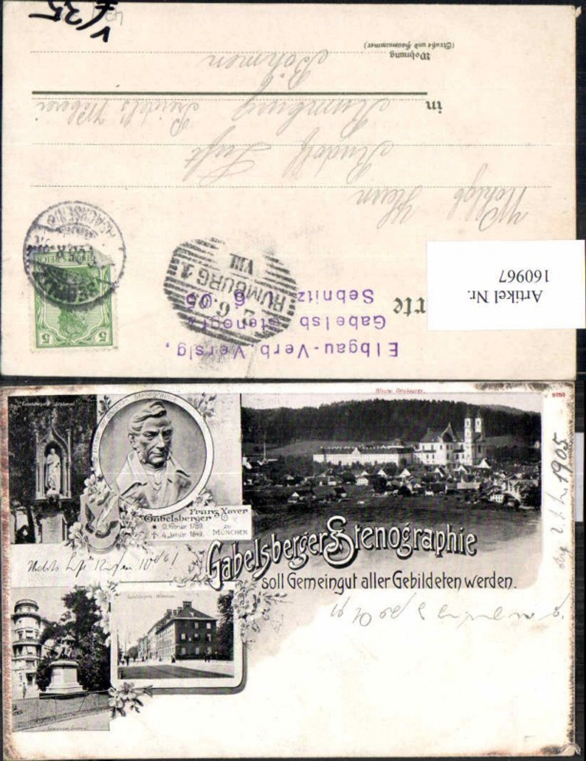 160967,Litho Gabelsberg Franz Xaver Gabelsberger Stenographie 1905 Ottobeuren Sebnitz Stempel