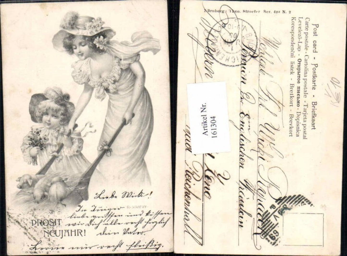 161304,Theo Stroefer 420-2 Jugendstil Neujahr Schöne Frau Kind R. Kratky Kind