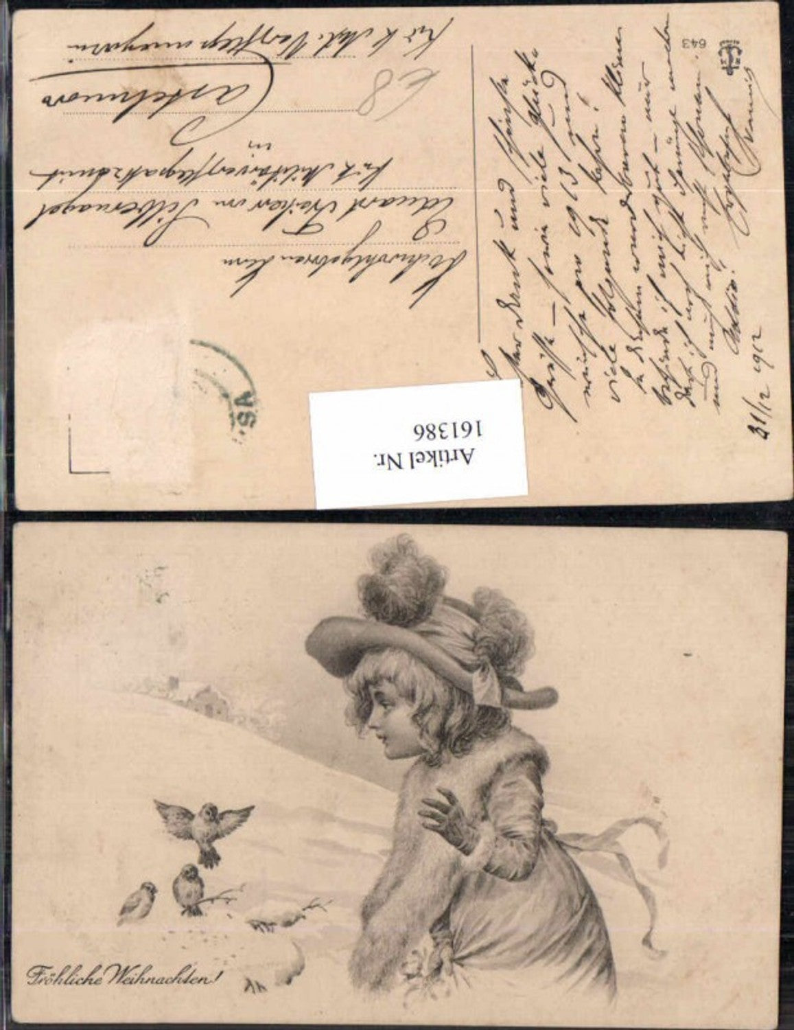 161386,Jugendstil Art Nouveau Weihnachten Mädchen Hut Vogel