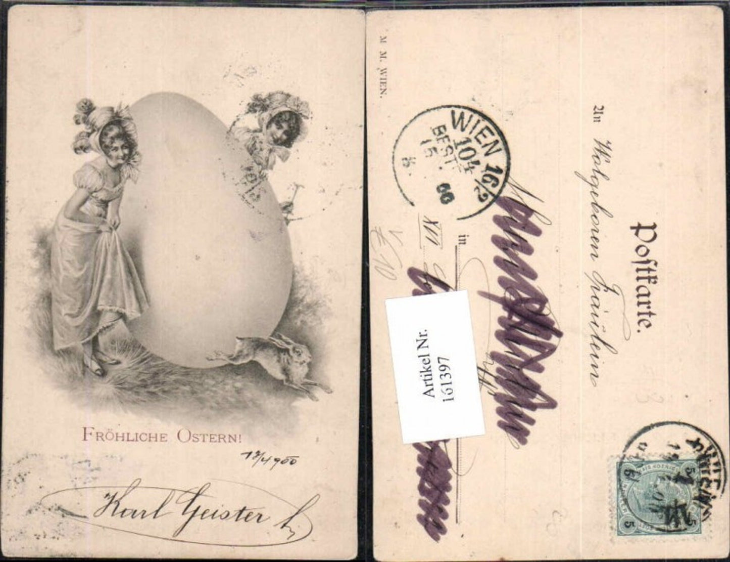 161397, M. Munk Vienna Easter Art Nouveau Large Easter Egg Women Rabbit