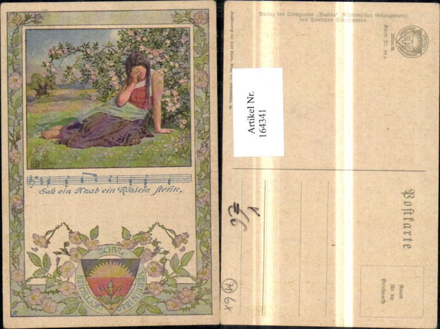 164341,Dt Schulverein Nr 92 a Sah ein Knab ein Röslein stehn Mädchen Blumenranke Notenzeile