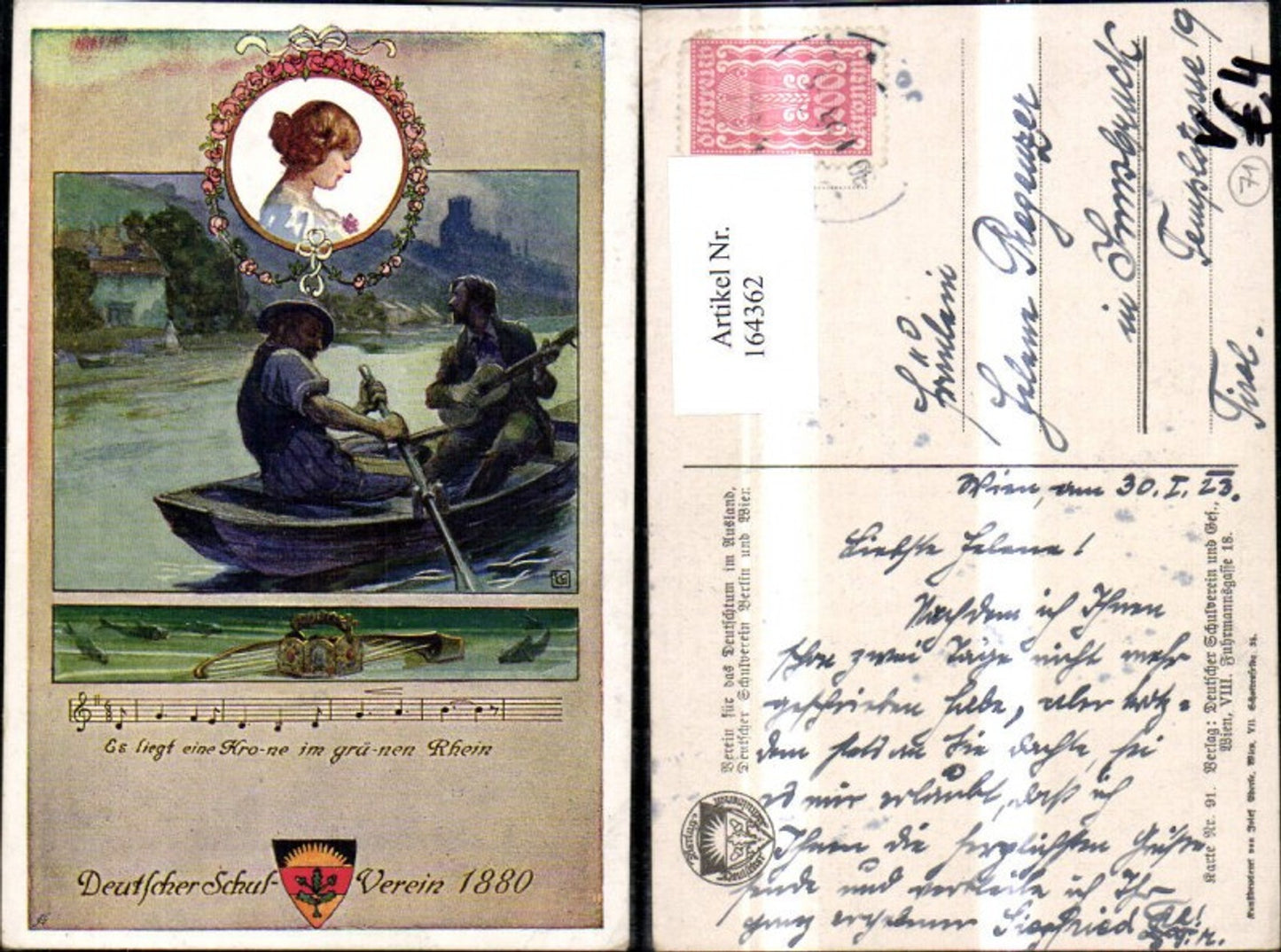 164362,Dt Schulverein Nr 91 Es liegt eine Krone i. Grünen Rhein Ruderboot Gitarre Mädchenkopf