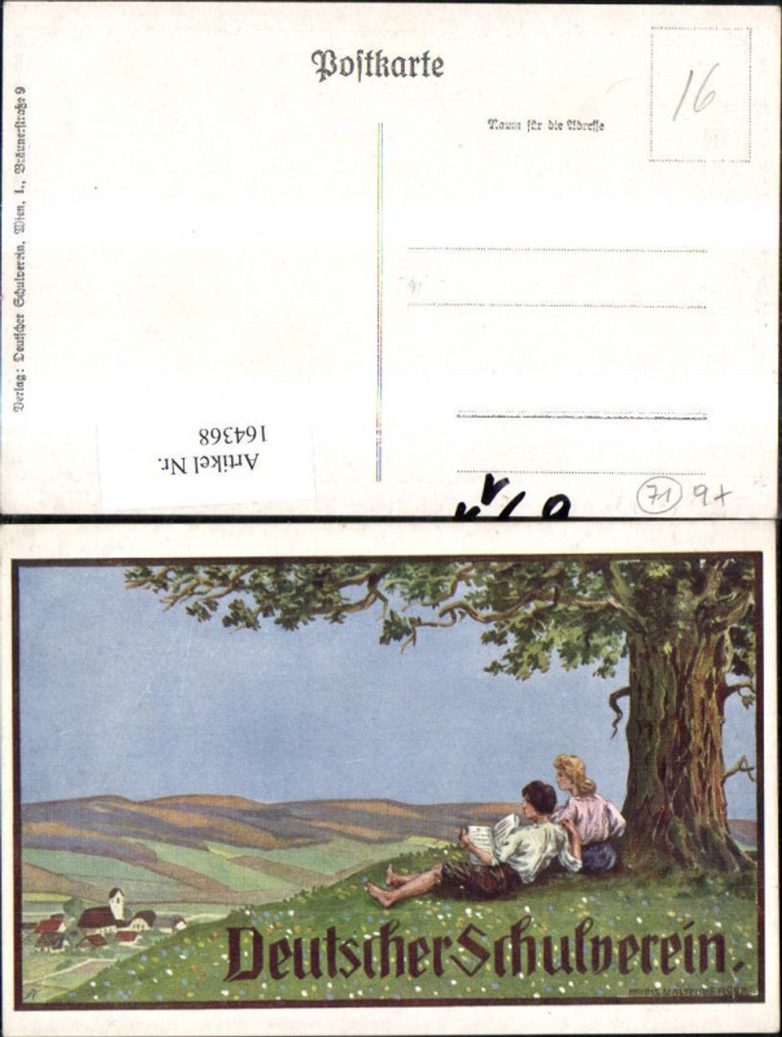 164368,Dt Schulverein Frau Mann Buch unter Baum sign Hanns Waltenberger