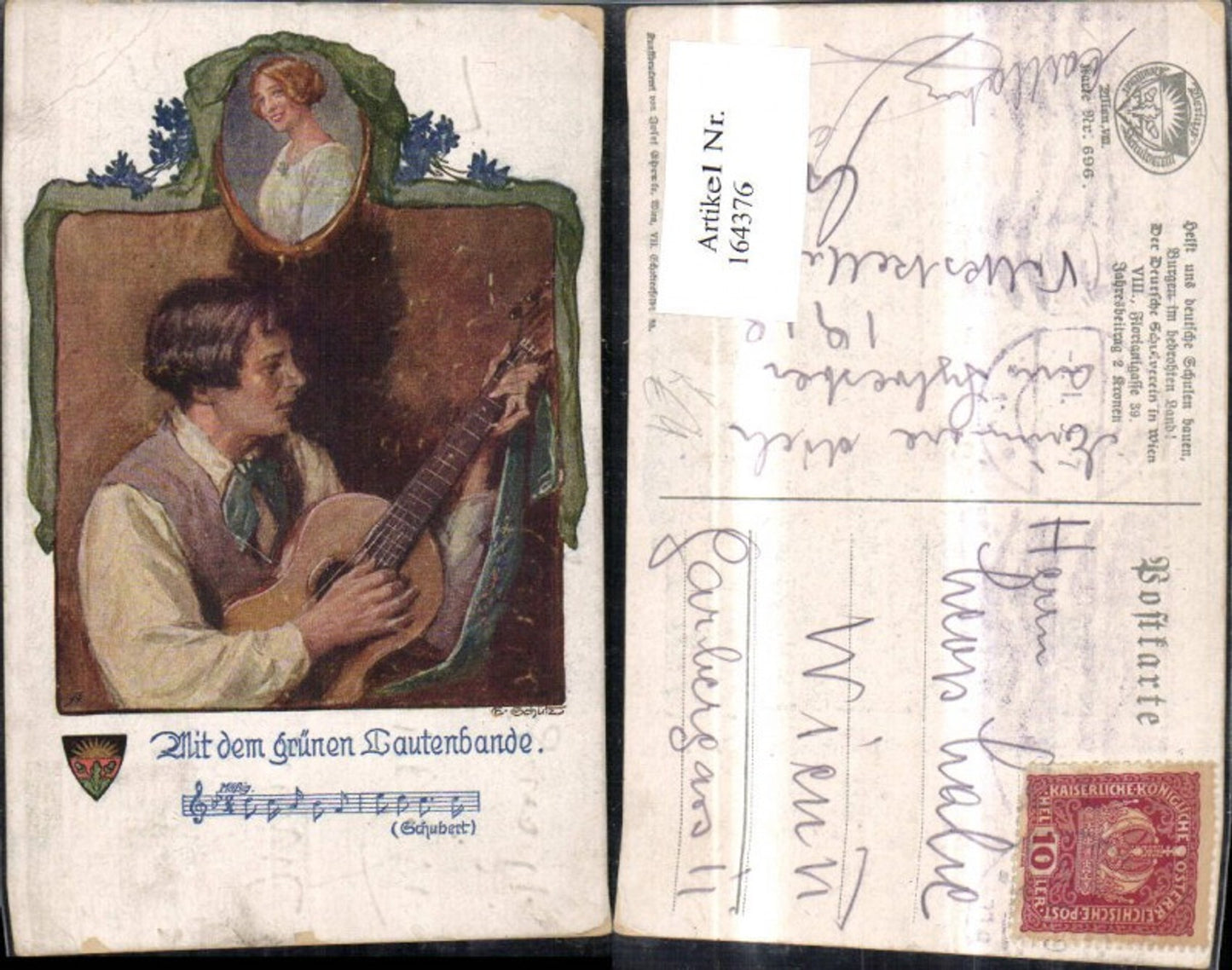 164376,Dt Schulverein 696 Mit d. Grünen Lautenband Gitarre Notenzeile sign E. Schütz