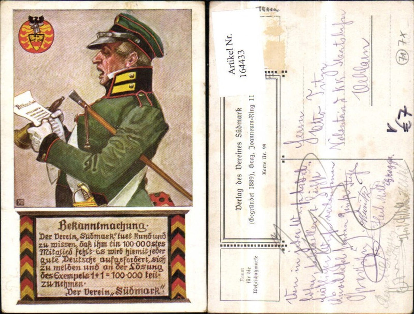 164433,Verein Südmark 99 Bekanntmachung Soldat Papierrolle Glocke Spruch Reim