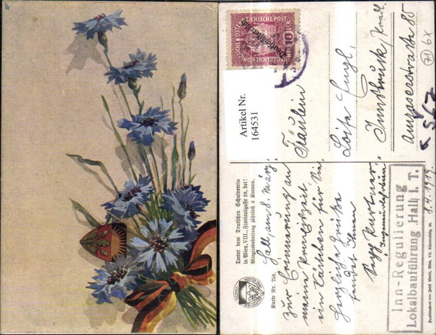164531, German School Association 758 Patriotic Ak Flowers with Ribbon Flag Stamp Inn Regulation Local Construction Management Hall in Tyrol