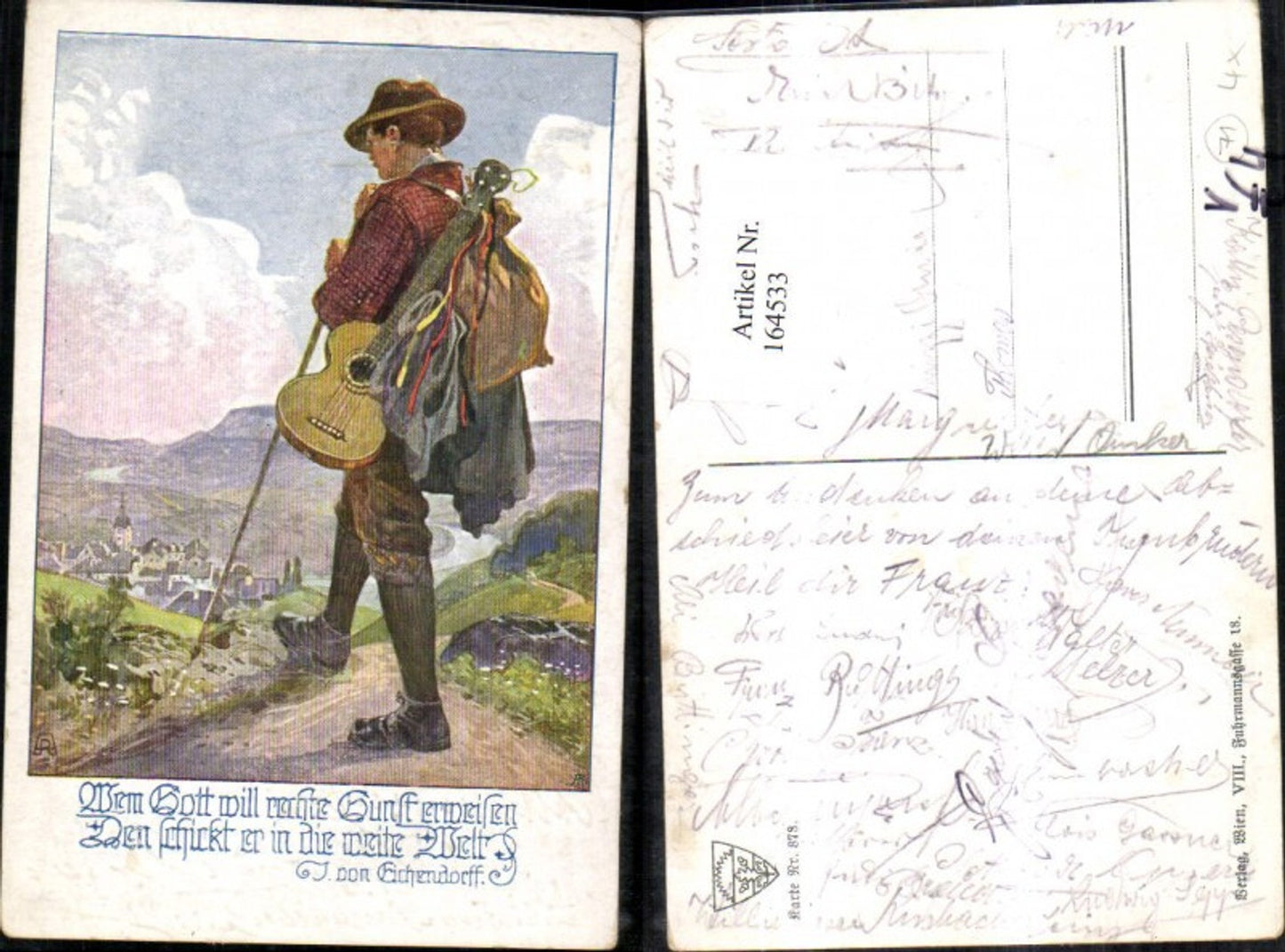 164533,Dt Schulverein 878 Mann Wanderer m. Gitarre Wanderstock Spruch Reim
