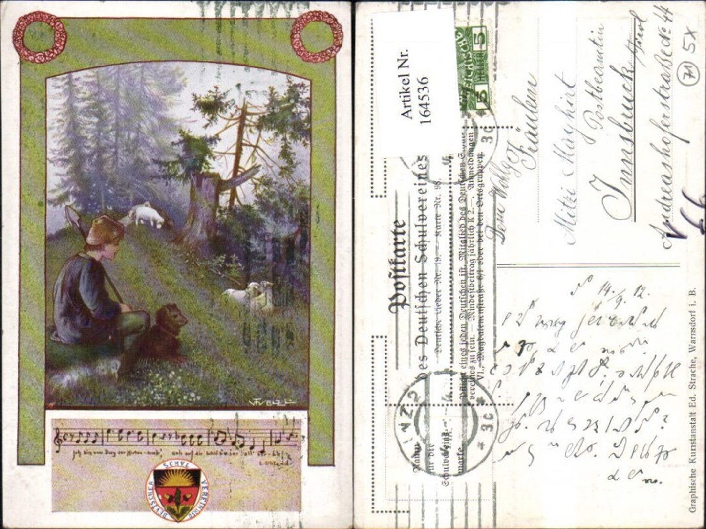 164536,Dt Schulverein 98 Deutsche Lieder Notenzeile Mann Hund Schafe sign F. Welzl