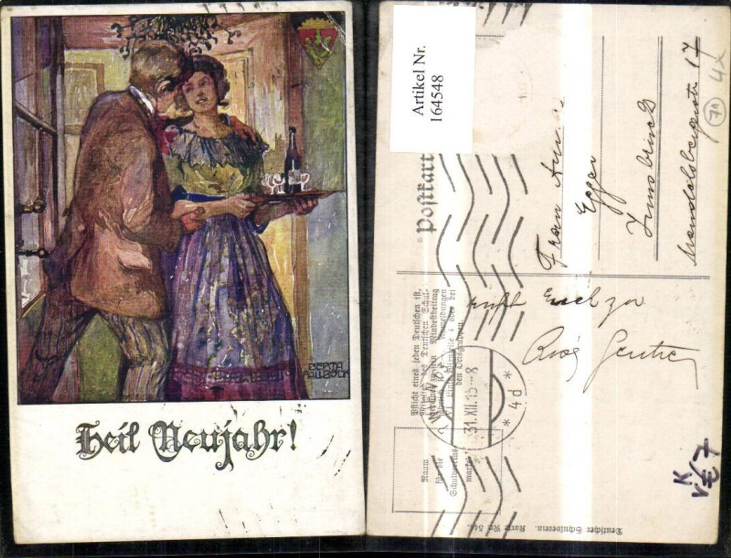 164548,Dt Schulverein 546 Neujahr Mann Frau Flasche Gläser sign Berta Fallbock