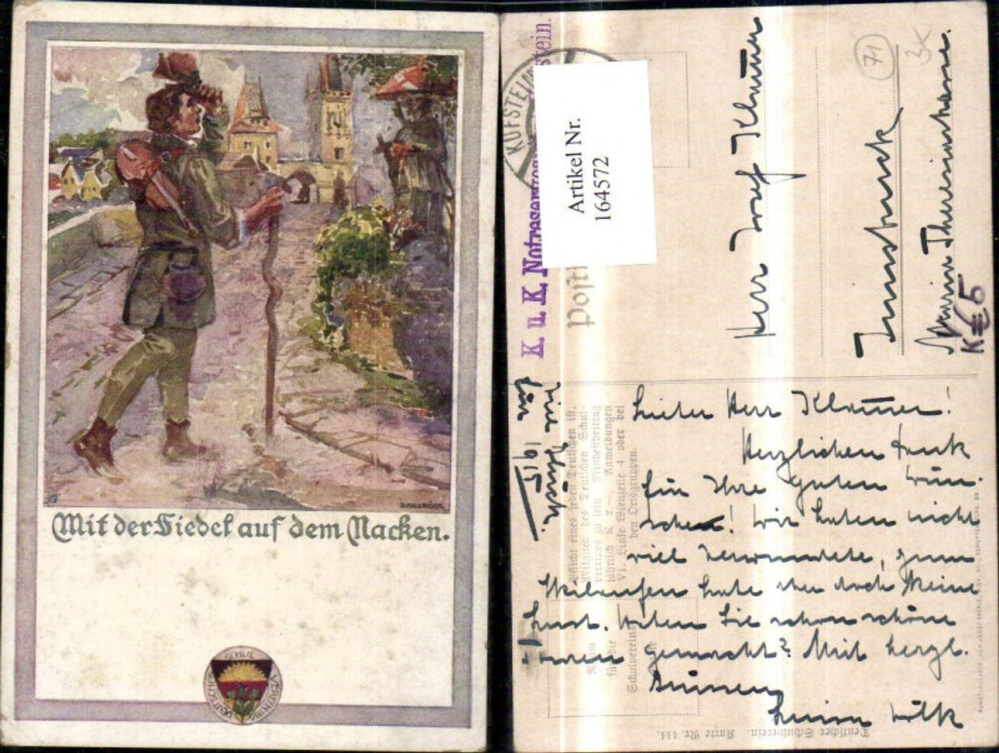 164572,Dt Schulverein 444 Mit d. Fiedel a. d. Nacken Wanderer Geige Hut Wanderstock sign B. Fallböck