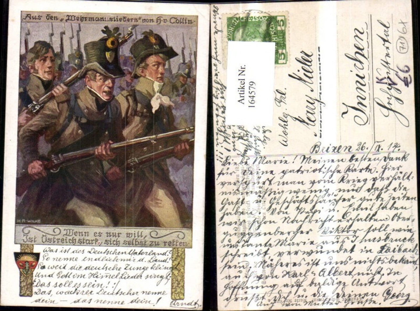 164579,Dt Schulverein 621 Wehrmannsliedern v. H. v. Collin Soldaten Bajonett sign Karl Alex Wilke