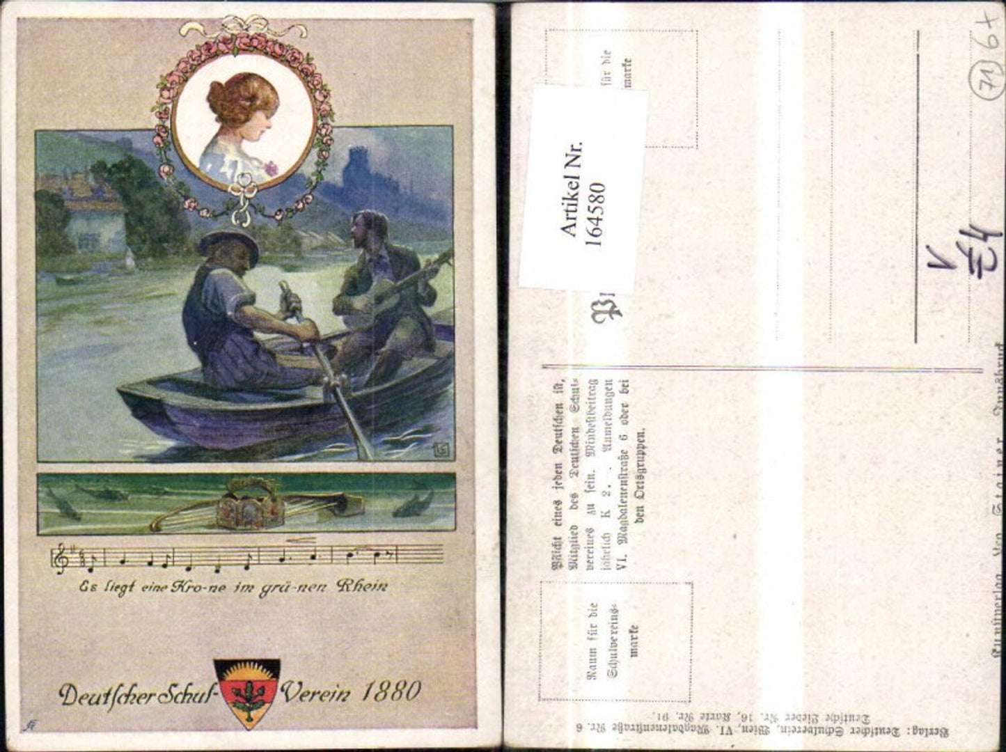164580,Dt Schulverein 91  Es liegt eine Krone i. Grünen Rhein Ruderboot Gitarre Mädchenkopf