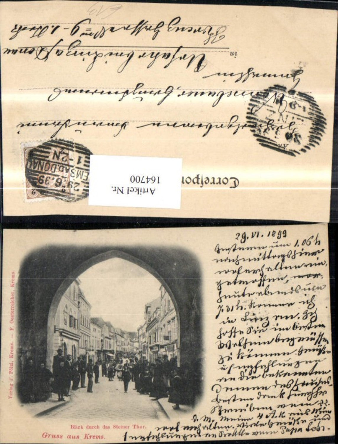 164700,Krems Blick durch d. Steiner Thor Tor Ansicht m. Personen 1899