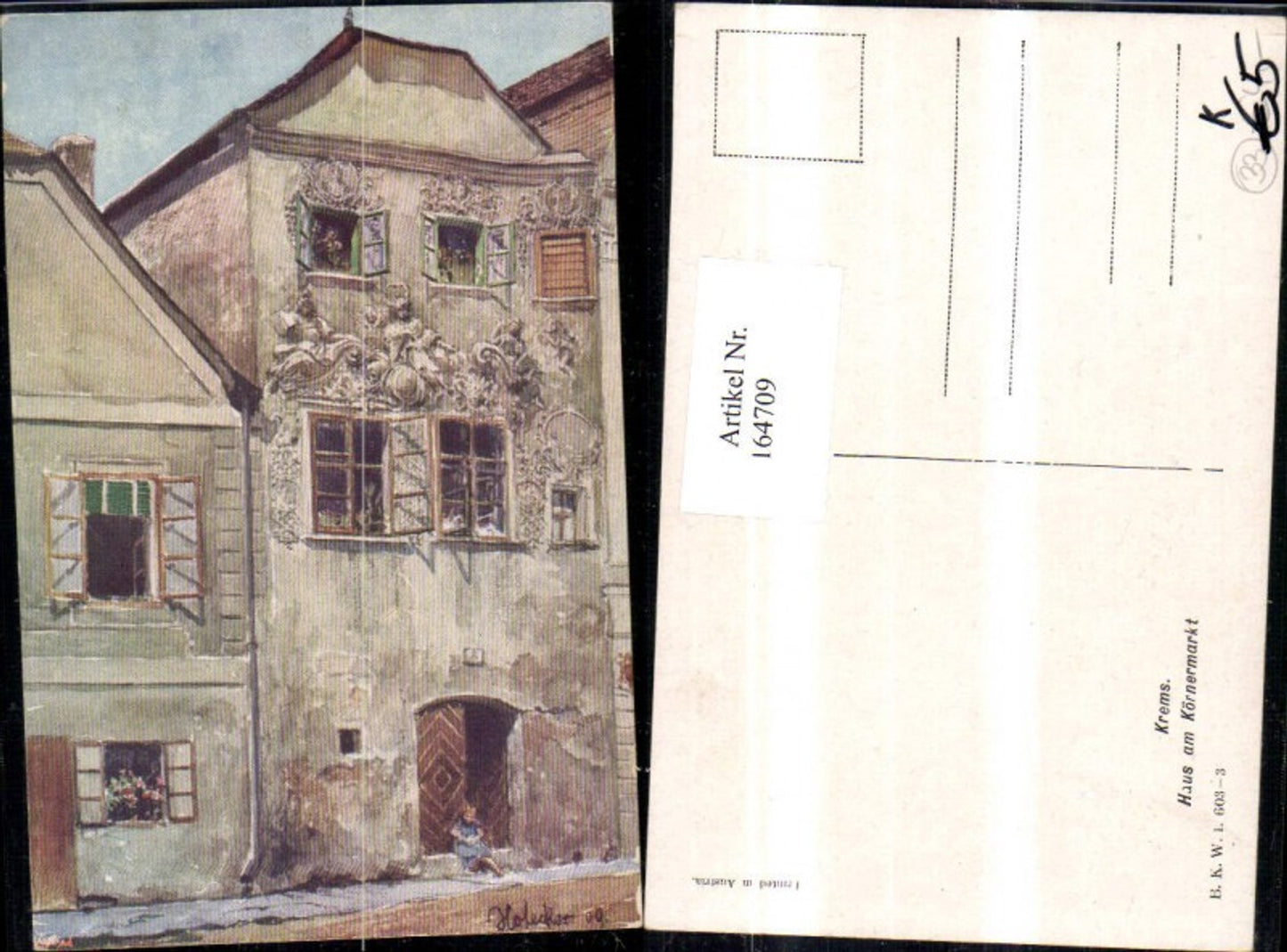 164709,Krems Künstler Ak Haus a. Körnermarkt sign E. F. Hofecker