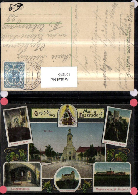 164846,Gruss a. Maria Enzersdorf Mehrbild Ak Kirche Burg Liechtenstein Lourdesgrotte St Gabriel 1927