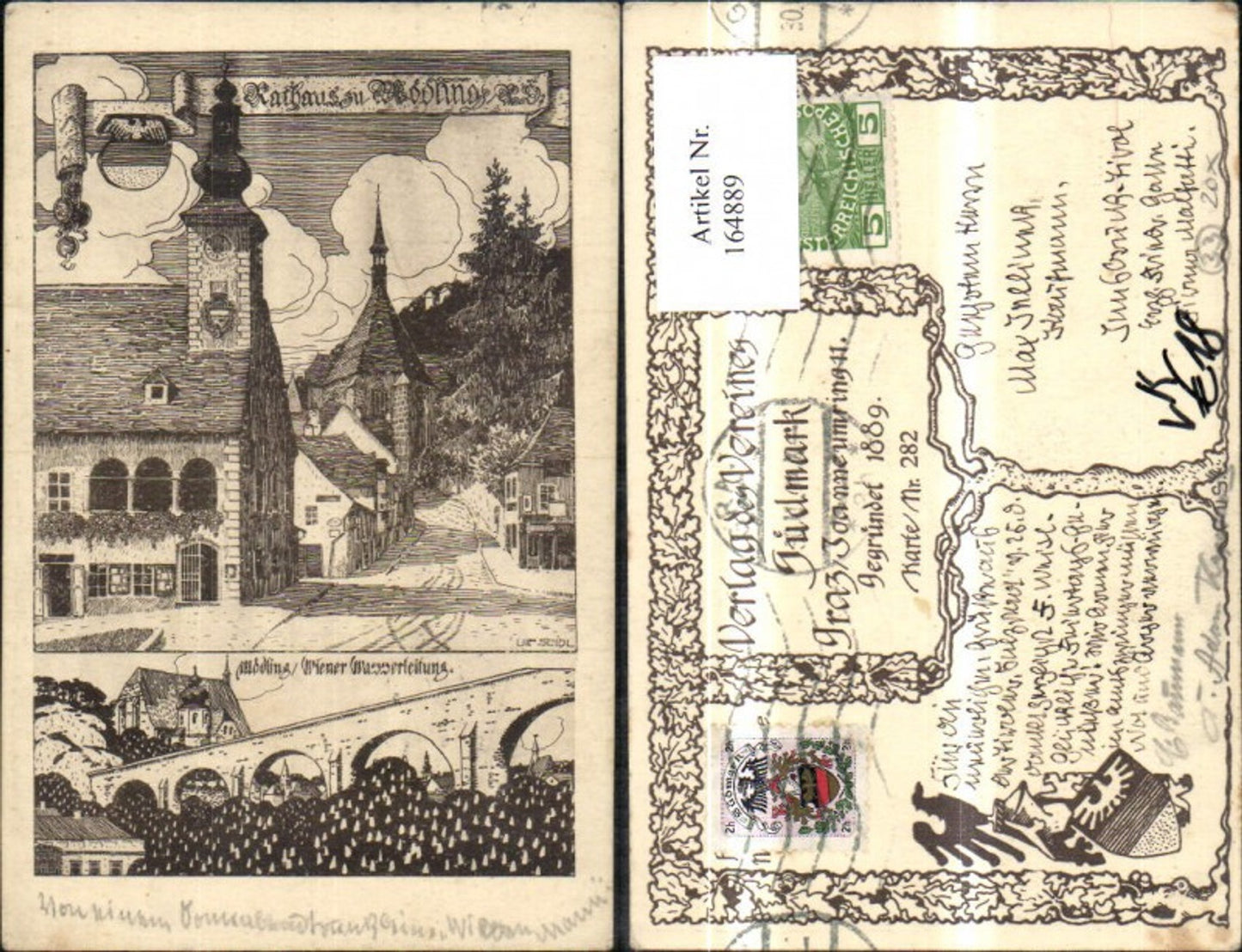 164889,Mödling Rathaus Bleistiftzeichnung Wiener Wasserleitung pub Verein Südmark 282 sign Ulf Seidl