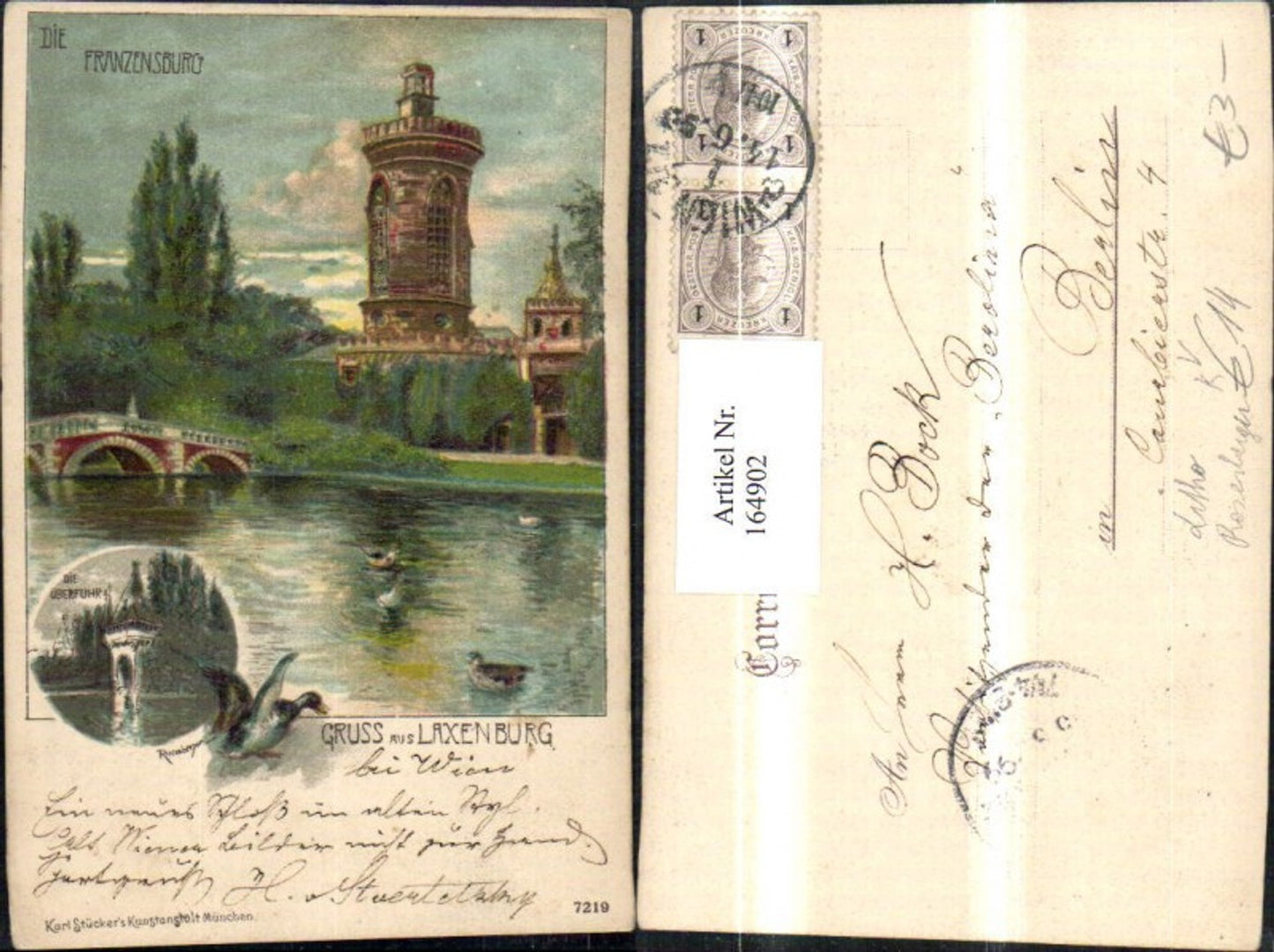 164902,Gruss a. Laxenburg b. Wien Franzensburg Enten Litho sign Rosenberger pub Karl Stücker