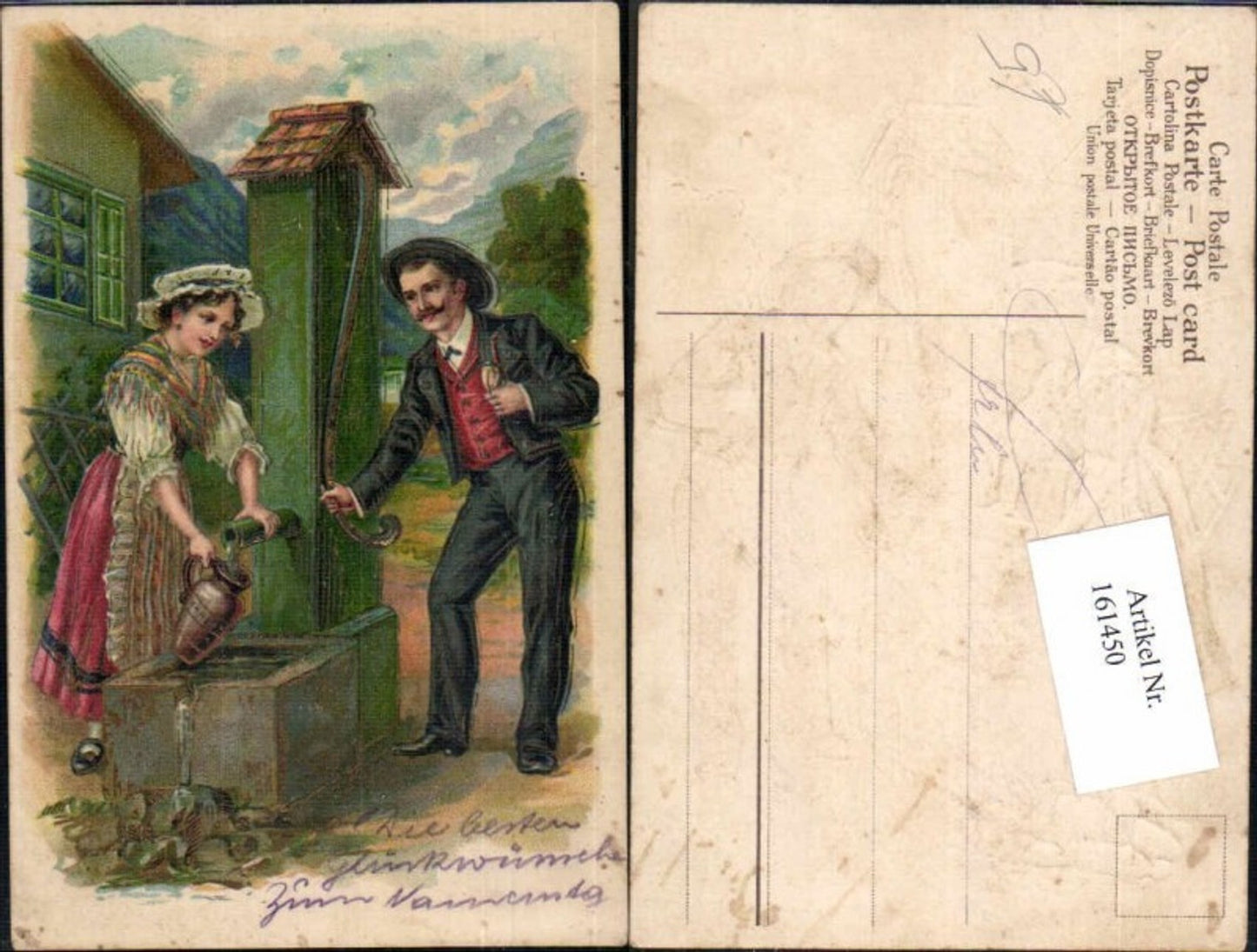 161450,Präge Litho Paar Frau am Brunnen Wasser holen