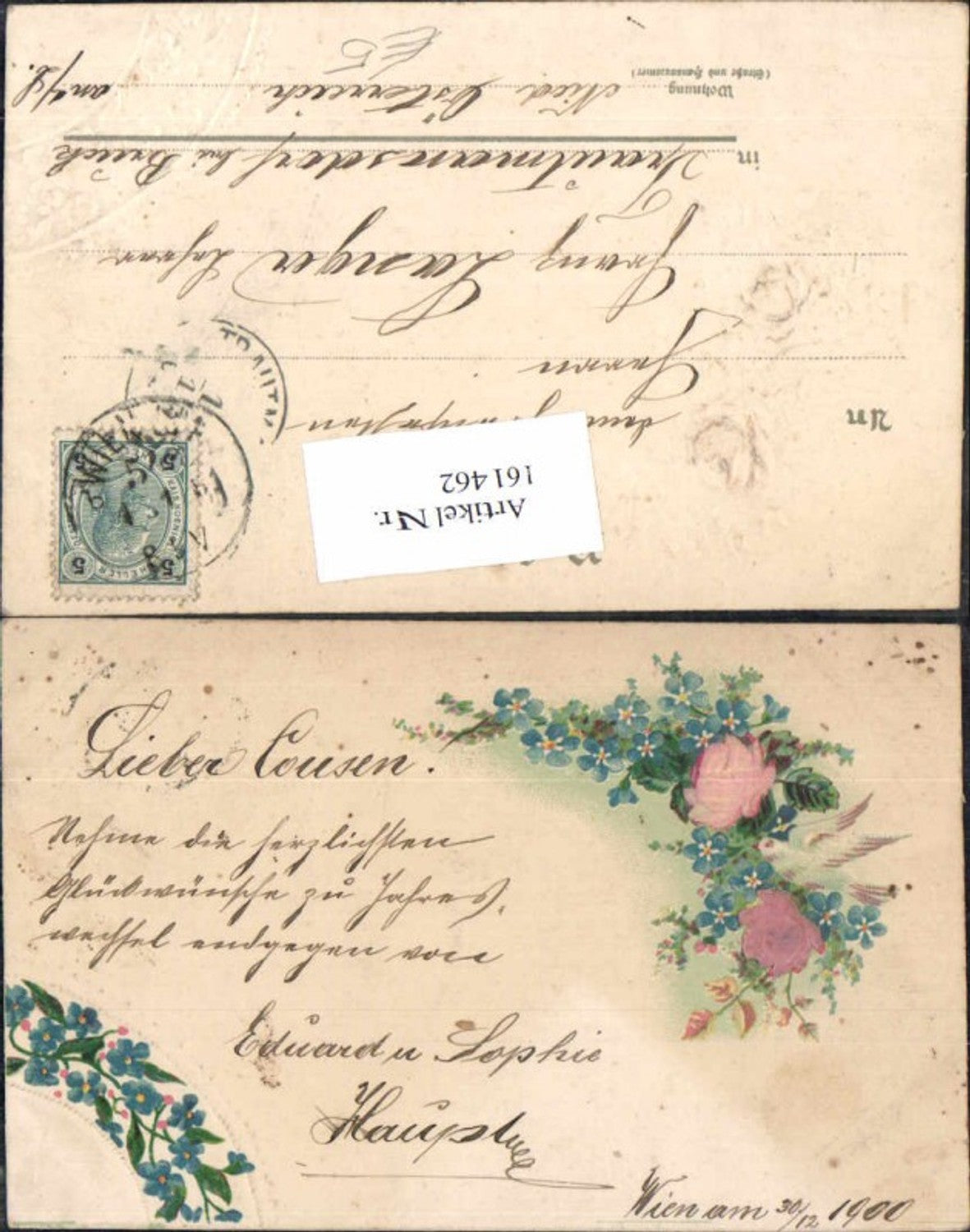 161462,Präge Litho Blumen Rosen Vogel Taube Seiden Applikation