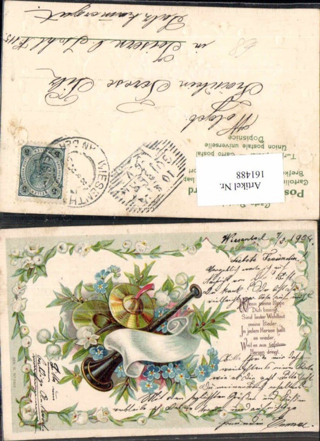 161488,Präge Litho Trompete Blumen Spruch 1899