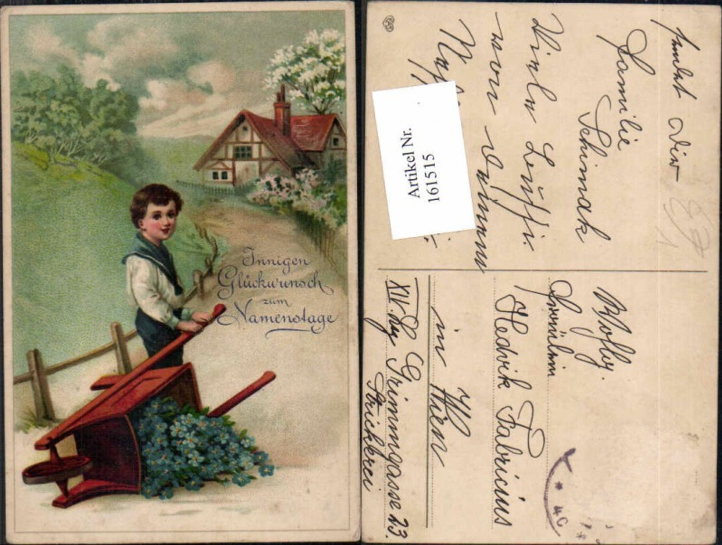161515,EAS Namenstag Süsser Junge Kind Scheibtruhe Blumen Karren umgefallen