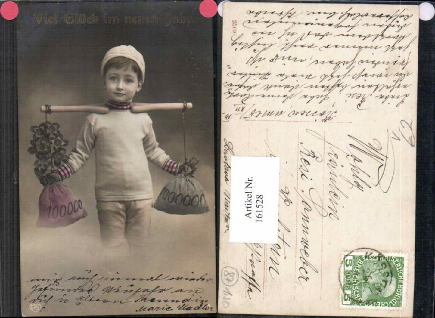 161528,EAS 2569 Neujahr Junge m. Klee Geld Geldsäcke