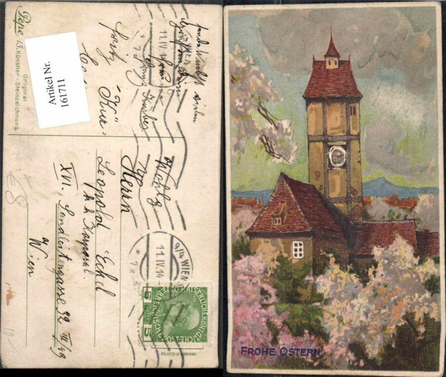 161711,Original Künstler Steinzeichnung Pepe Ostern Kirche Bäume