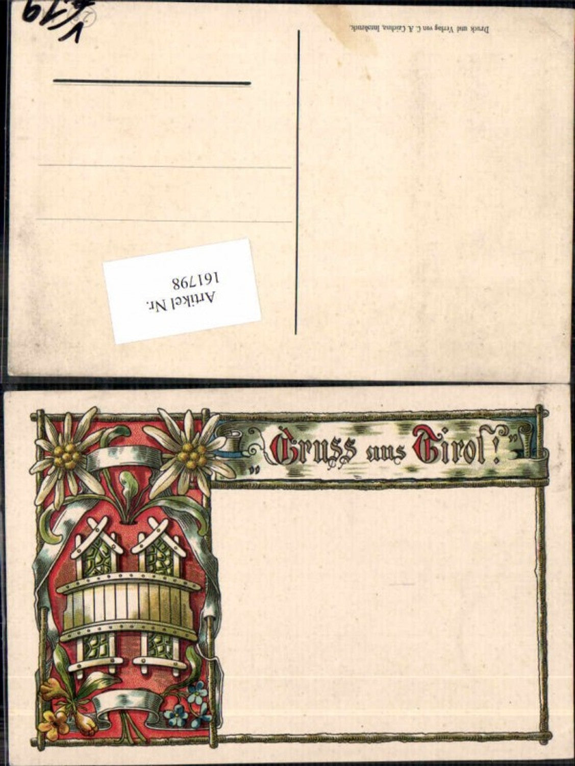 161798, Great lithograph, greetings from Tyrol, Edelweiss Patriotic Pub, Czichna Innsbruck
