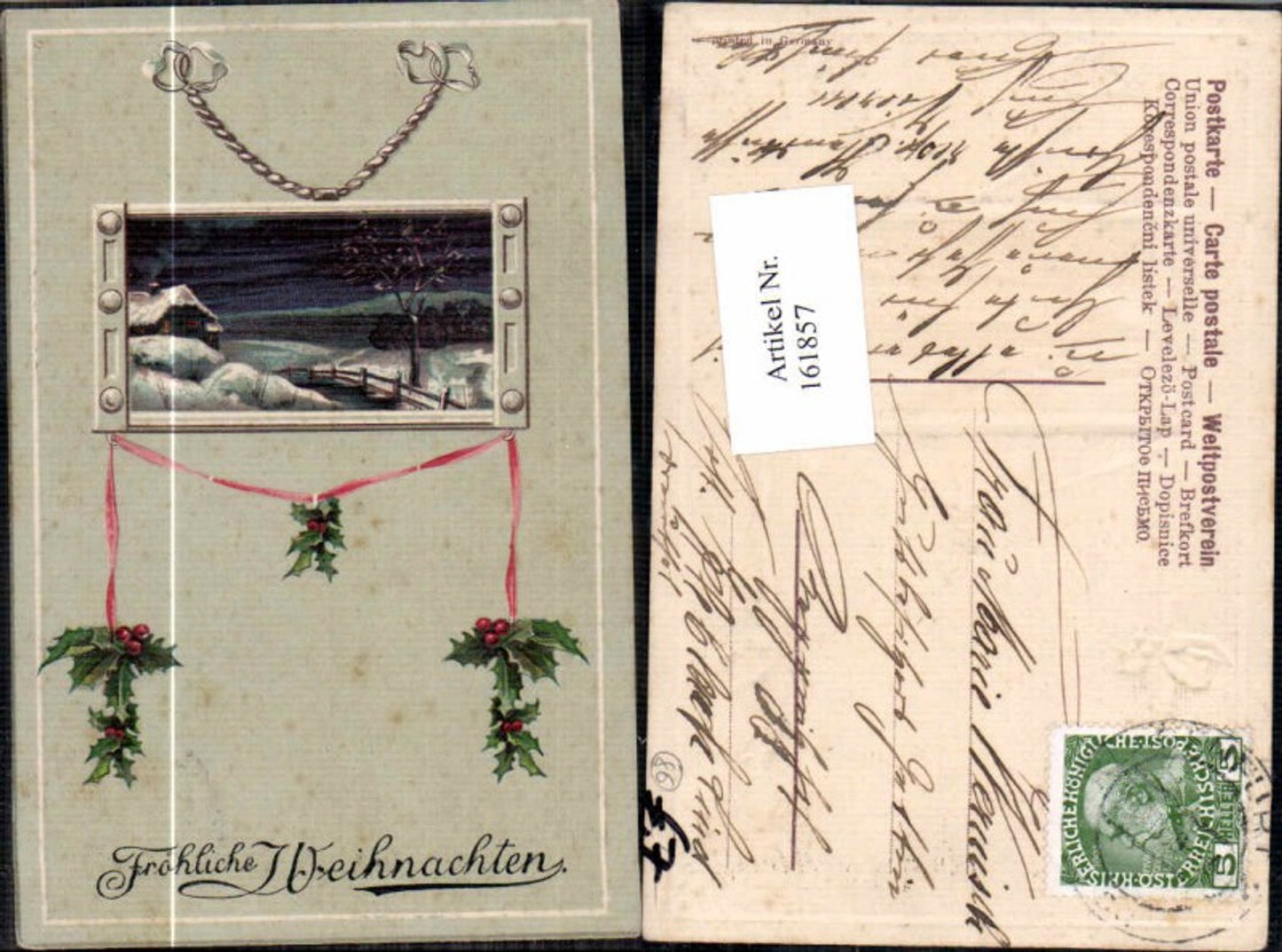 161857, Christmas Art Nouveau embossed lithograph branches landscape