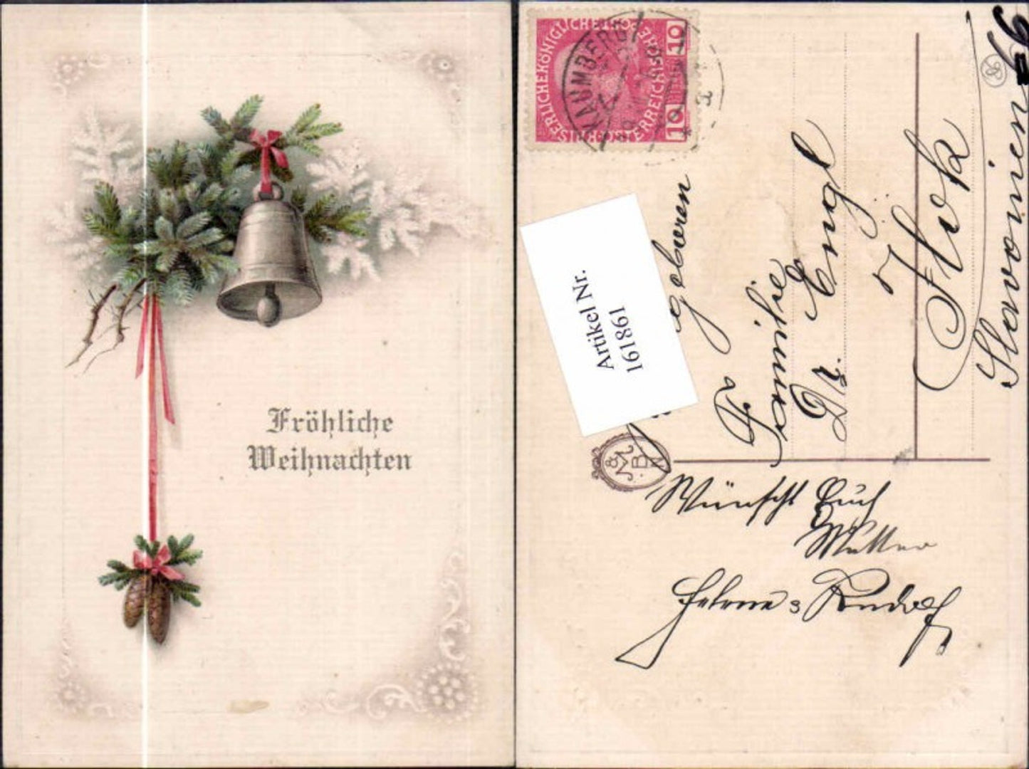 161861, Christmas Great embossing lithograph bell fir branches