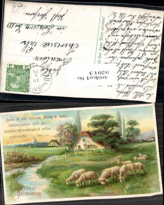 162013, Easter Lithograph Sheep Village Saying