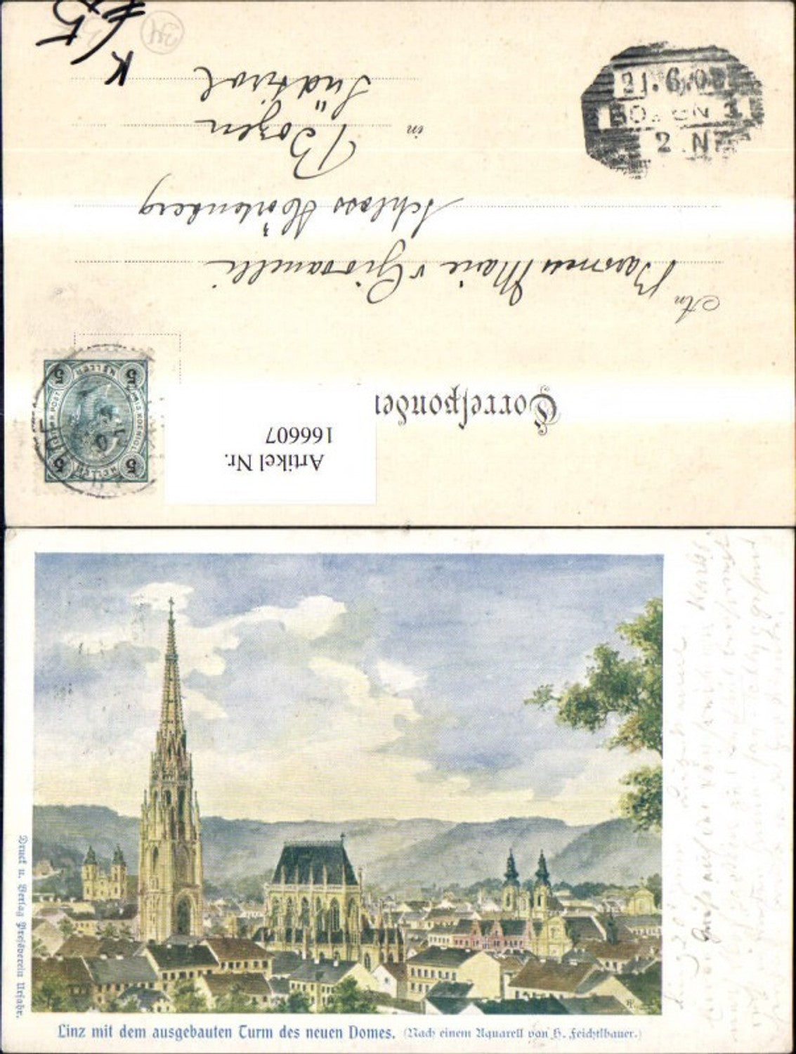 166607,Linz m. d. Ausgebauten Turm d. Neuen Domes Dom Künstler Ak sign H. Feichtlbauer