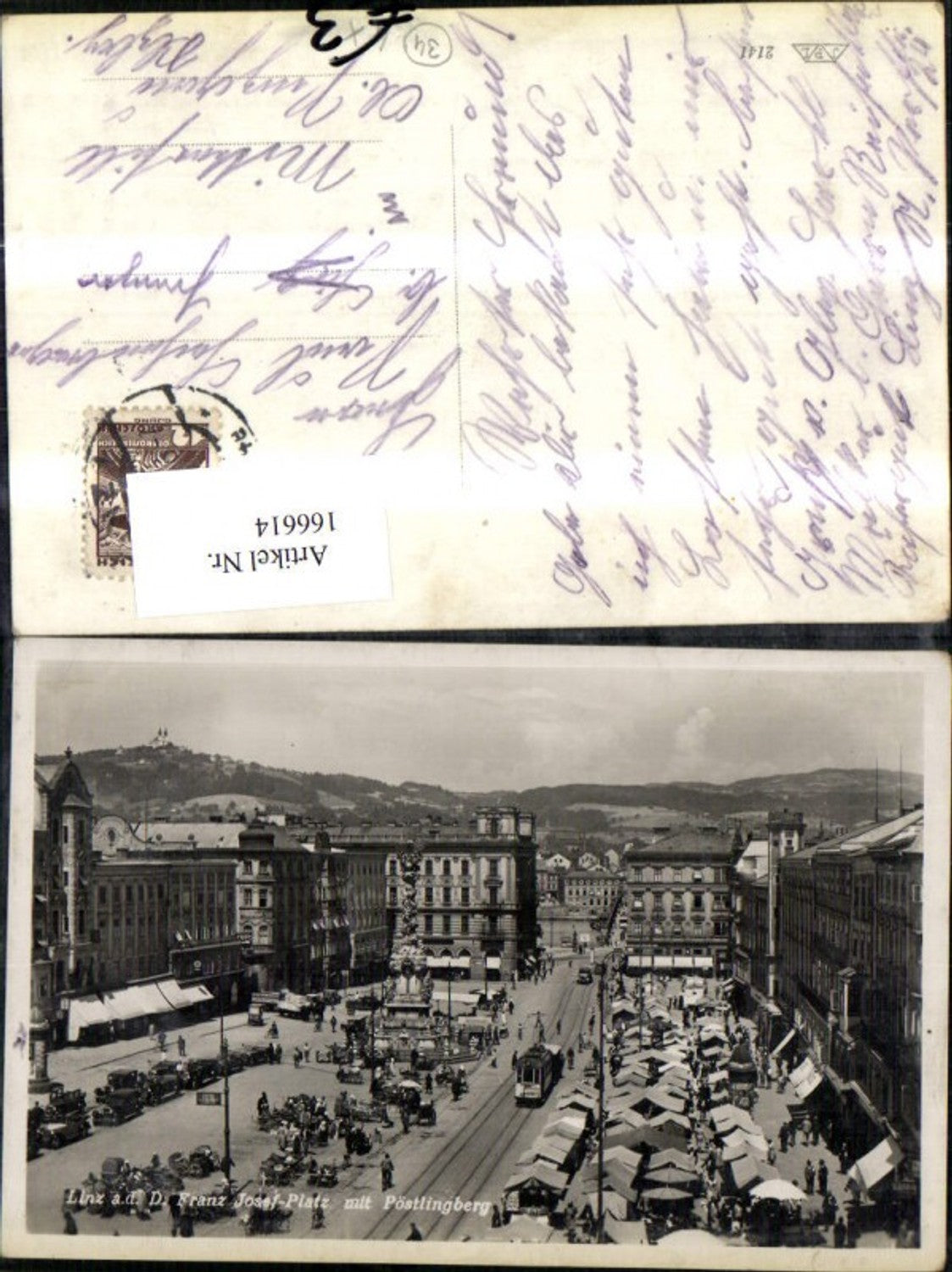 166614,Linz Franz Josef Platz Hauptplatz m. Pöstlingberg Strassenbahn Automobil