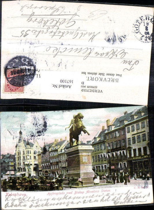 167100,Kobenhavn Kopenhagen Hojbroplads med Biskop Absalons Statue Reiterdenkmal