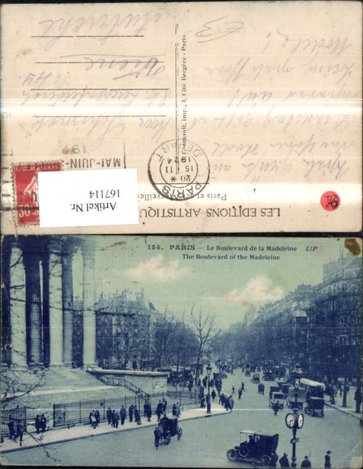 167114,Paris Le Boulevard de la Madeleine The Boulevard of the Madeleine Motorrad Automobil 1924