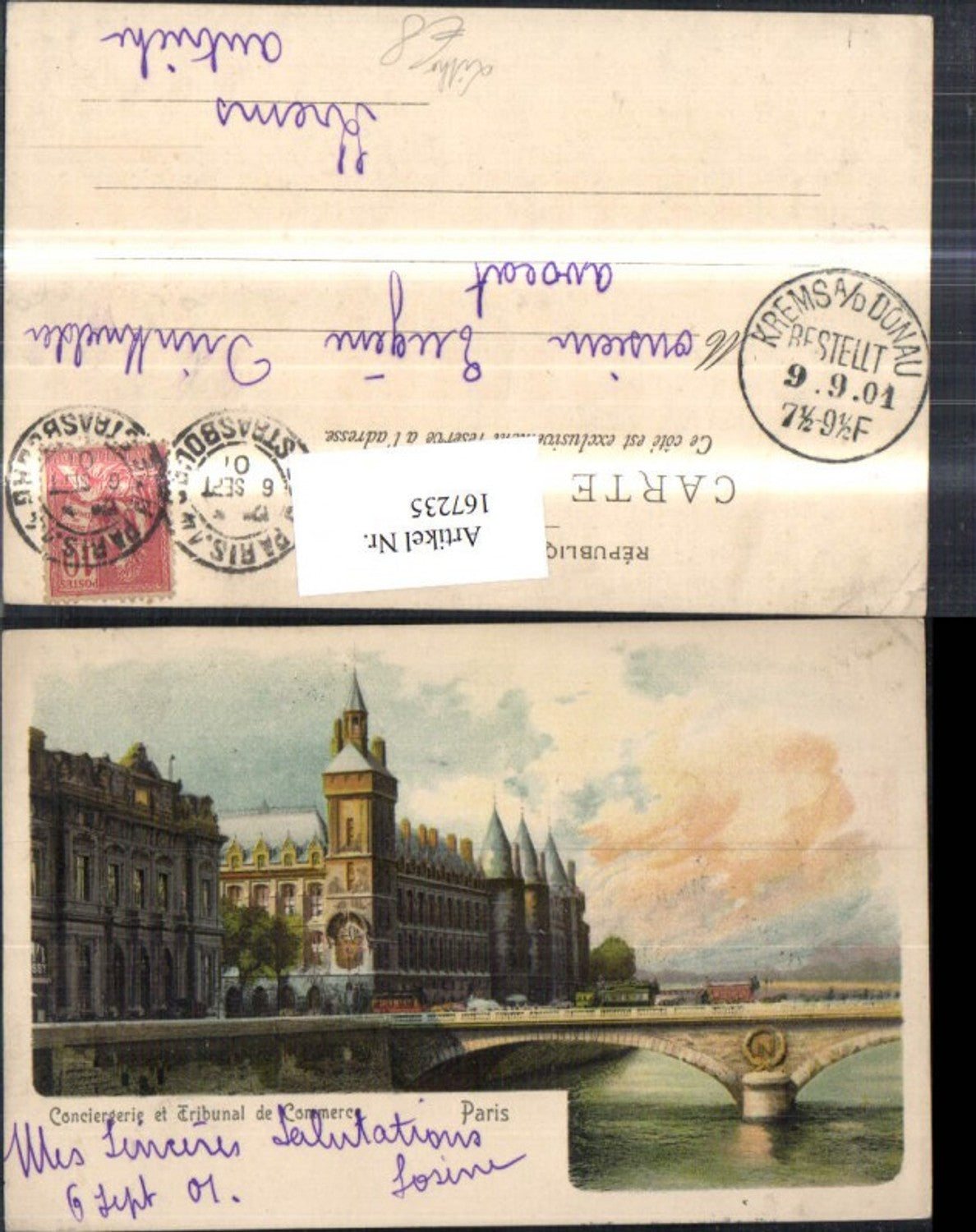 167235,Paris Litho Conciergerie et Tribunal de Commerce Bridge 1901