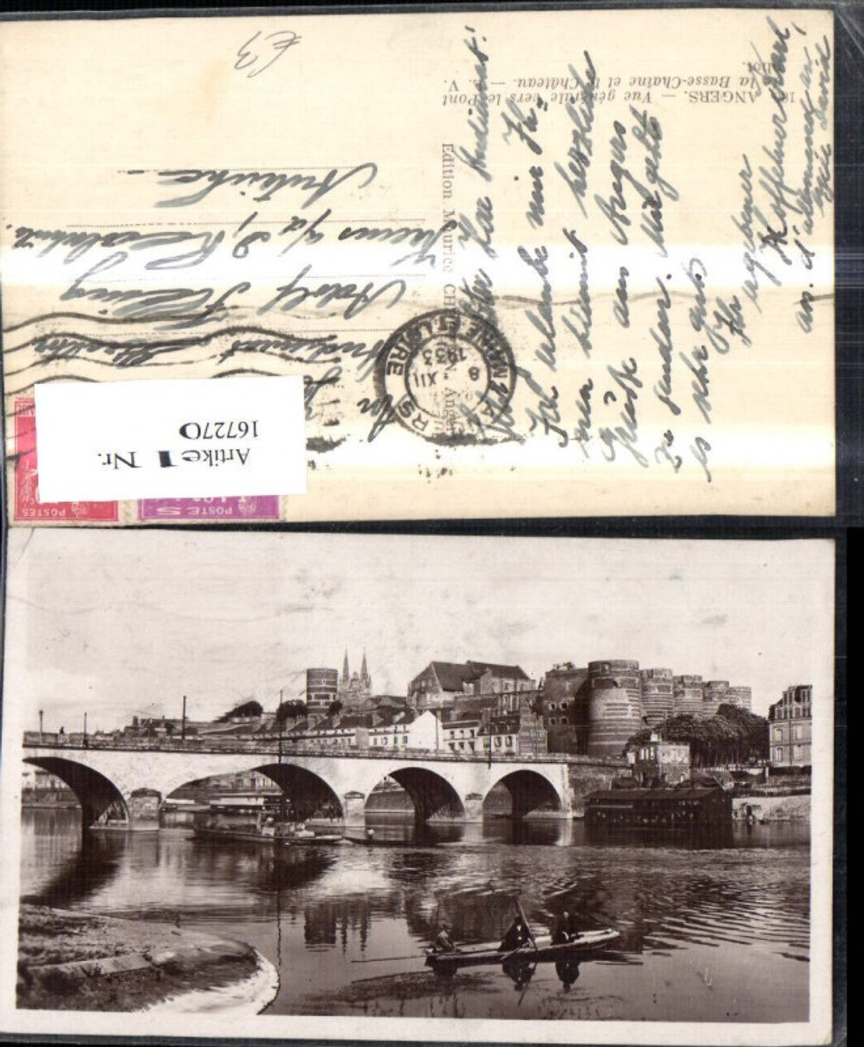 167270,Angers Vue generale vers le Pont de la Basse Chaine et le Chateau Brücke Schloss Festung Ruderboot Boot