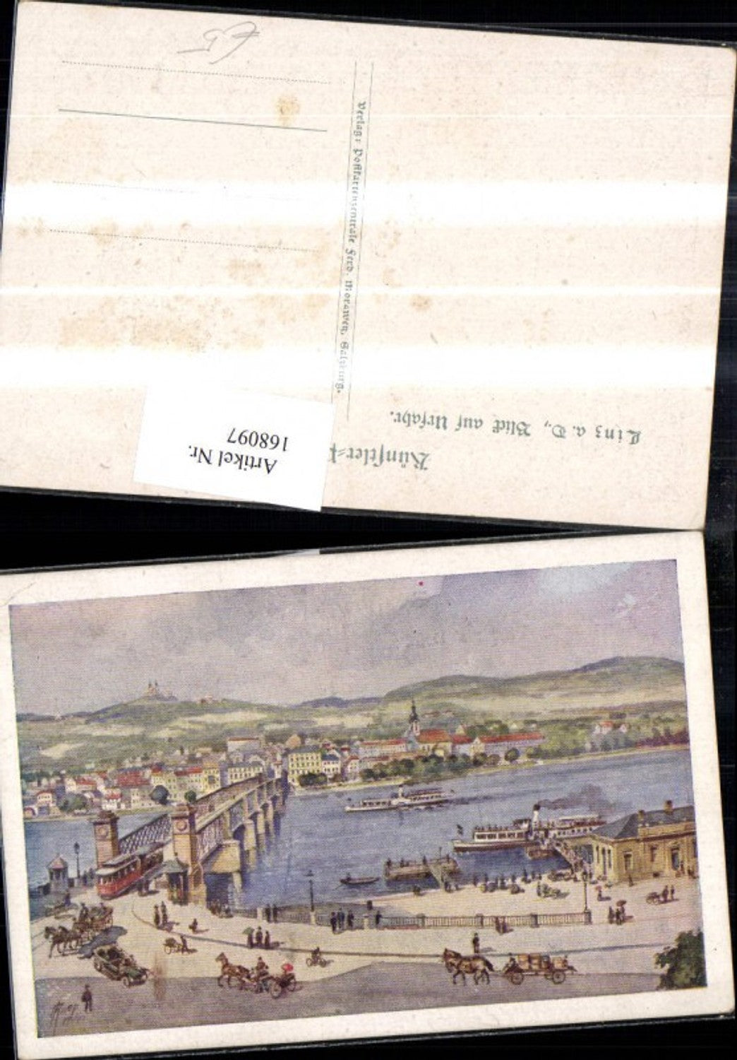 168097,Linz Blick auf Urfahr Künstlerkarte Kutsche Straßenbahn Dampfer