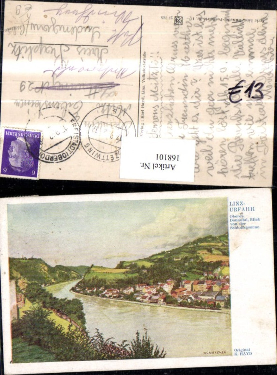 168101,Linz Urfahr Oberes Donautal Blick v. d. Schlosskaserne Künstlerkarte K. Hayd