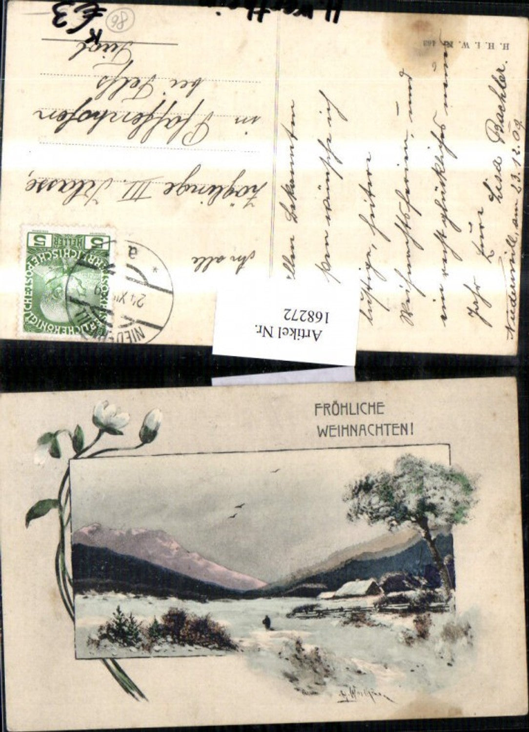 168272, Christmas artist card H. Wertheim snow landscape hut flower