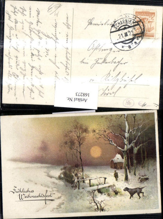 168273, Christmas snowscape hunter with dog cabin sun