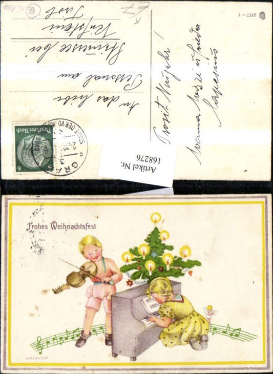 168276, Christmas artist card, girl playing music, violin, piano, tree, candles, song lyric