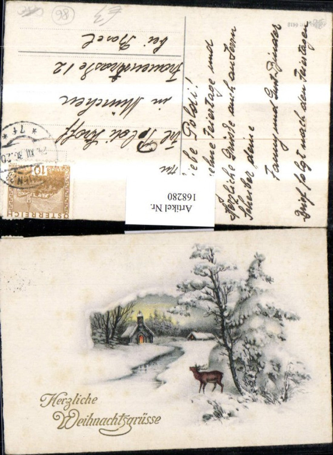 168280, Christmas Lithograph Snowscape Deer Church