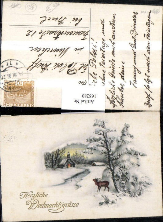 168280, Christmas Lithograph Snowscape Deer Church