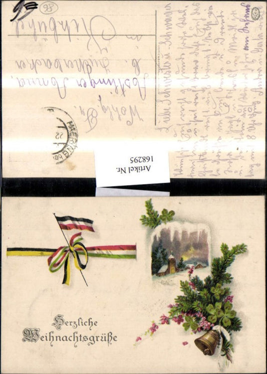 168295, Christmas snowscape church branch bell flowers clover patriotism