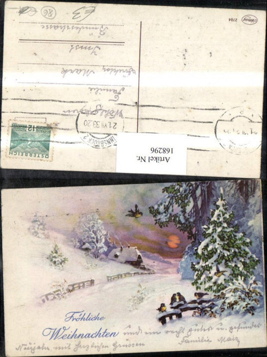 168296, Christmas Snowscape Birds House Tree Path