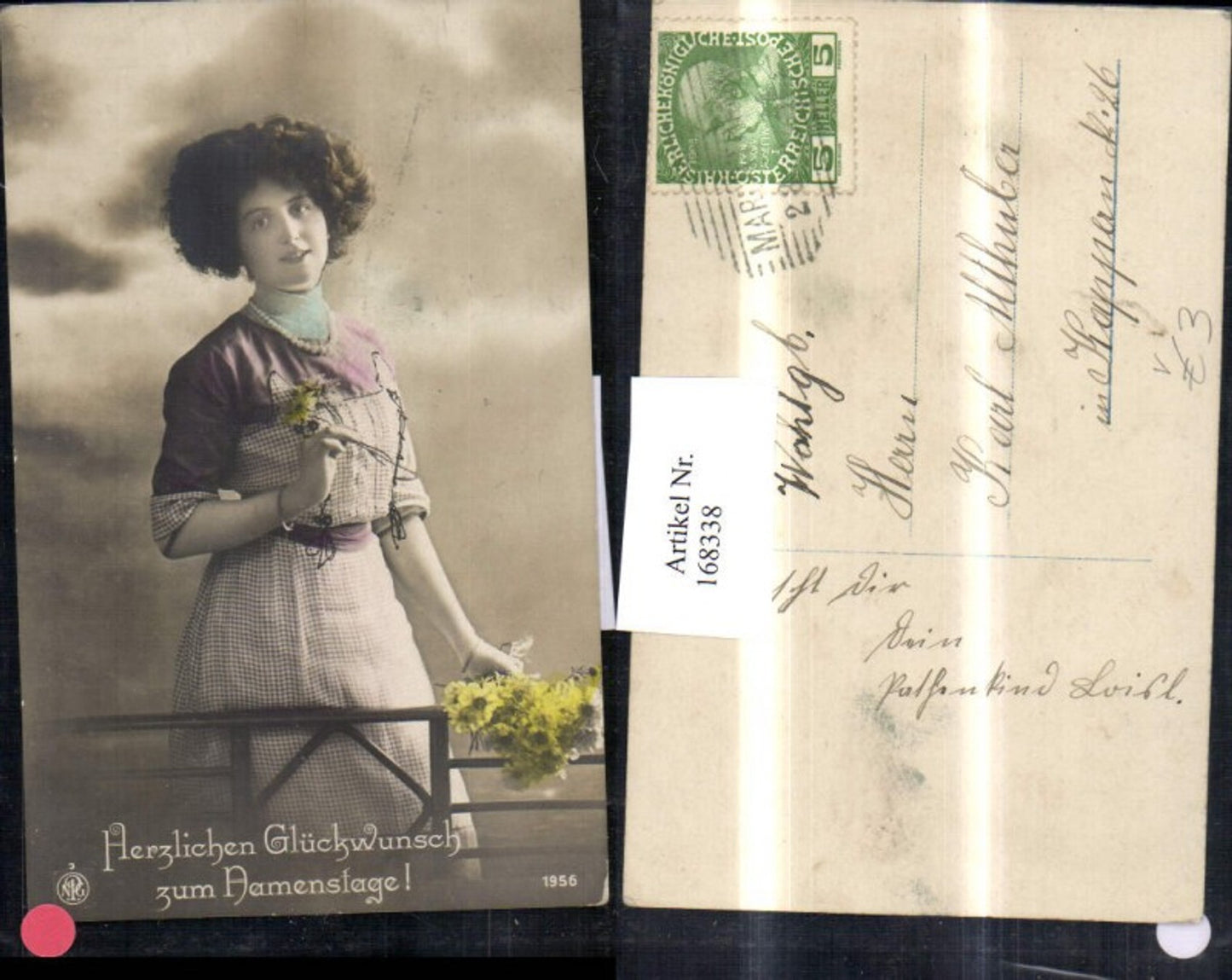 168338,Namenstag Frau mit gelben Blumenstrauß pub NPG