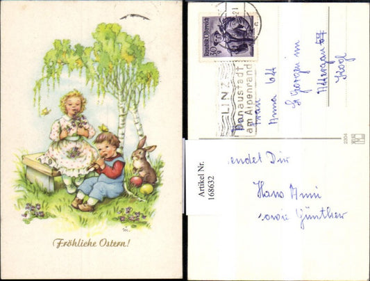 168632, Easter girl bouquet boy flute rabbit Easter eggs tree